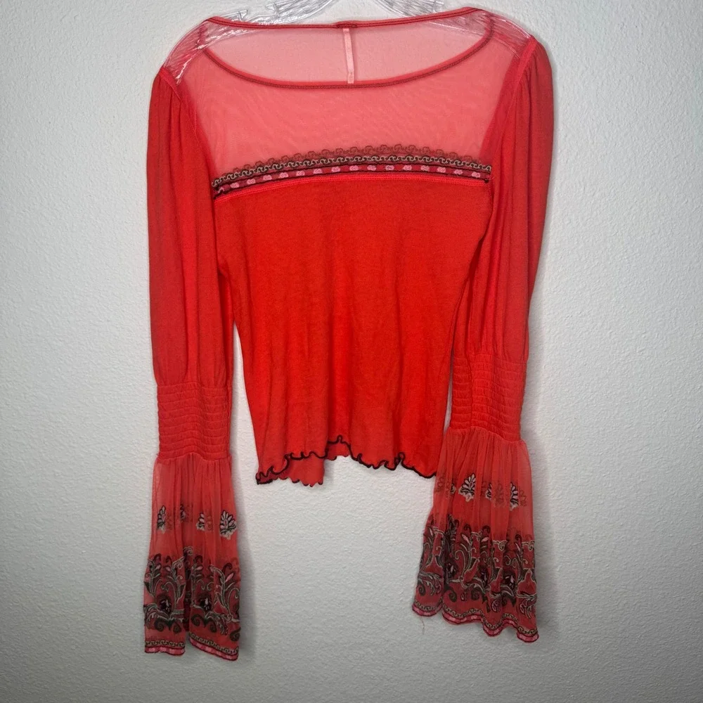 Free People Sheer Mesh Embroidered Bell Sleeve Top Coral Orange XS Boho Festival